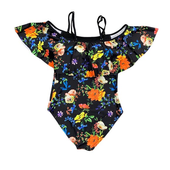NWT Tempt Me S Black Floral Swimsuit Ruffle Top Molded Cup Tropical Print - Picture 2 of 12